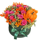Orange and Pink Flowers in Box with Pumpkin - Flowers Box London