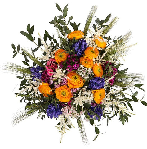 Orange Ranunculus with Hyacinth and Sweet Williams Bouquet - Flowers Box London