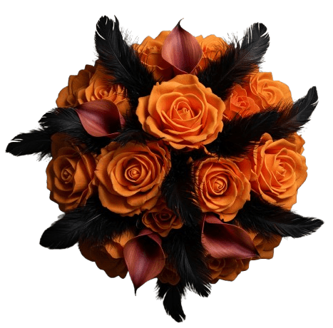 Orange Roses and Calla Lily with Feathers Bouquet - Flowers Box London