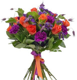 Orange Roses in Purple Bouquet - Flowers Box London