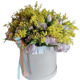 Pale Pink Tulips with Mimosa in a Box - Flowers Box London