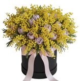 Pale Pink Tulips with Mimosa in a Box - Flowers Box London