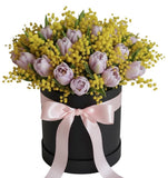Pale Pink Tulips with Mimosa in a Box - Flowers Box London