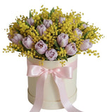 Pale Pink Tulips with Mimosa in a Box - Flowers Box London