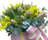 Pale Pink Tulips with Mimosa in a Box - Flowers Box London