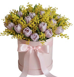 Pale Pink Tulips with Mimosa in a Box - Flowers Box London