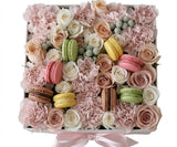 Pastel Garden Blooms with Luxury Macarons Box - Flowers Box London