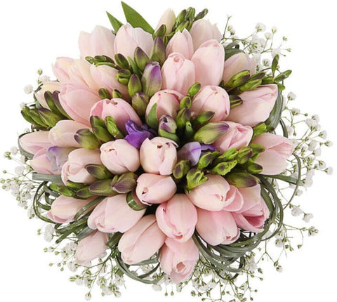 Pastel Pink Tulips with Freesias and Gypsophila Bouquet - Flowers Box London
