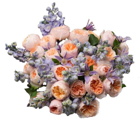 Peach Garden Roses with Blue Dalphinium Bouquet