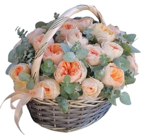 Peach Garden Roses with Eucalyptus in Basket