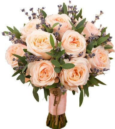 Peach Garden Roses with Lavender Bridal Bouquet