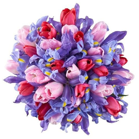 Pink and Red Tulips with Iris Bouquet - Flowers Box London