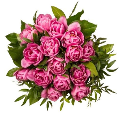 Pink Double Tulips with Greenery Bouquet - Flowers Box London