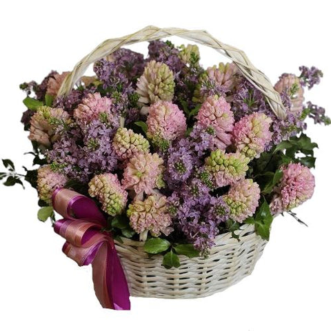 Pink Hyacinths and Lilac Basket