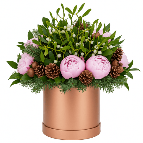 Pink Peonies with Mistletoe Holiday Box - Flowers Box London