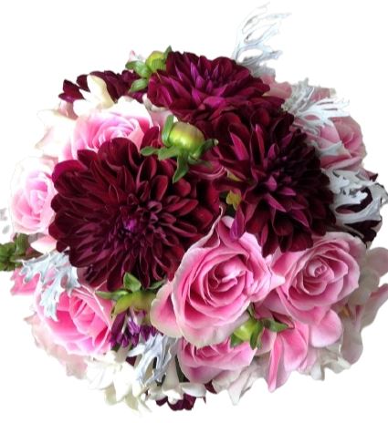 Pink Roses and Burgundy Dahlia Bouquet - Flowers Box London