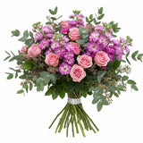 Pink Roses and Stocks Bouquet with Greenery - Flowers Box London