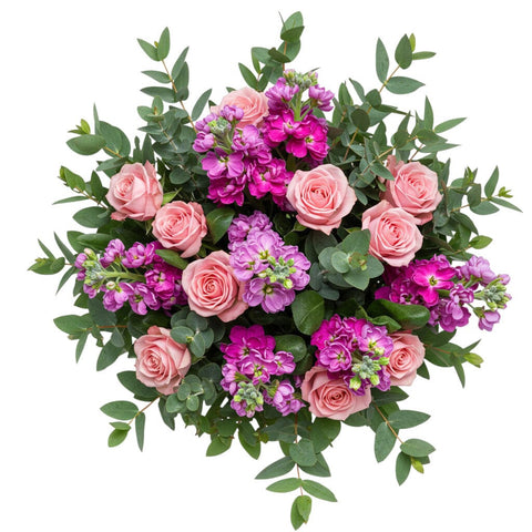 Pink Roses and Stocks Bouquet with Greenery - Flowers Box London