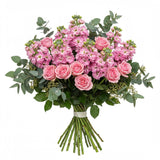 Pink Roses and Stocks Bouquet with Greenery - Flowers Box London