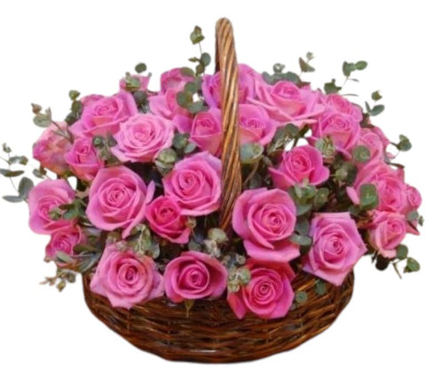 Pink Roses with Eucalyptus Basket