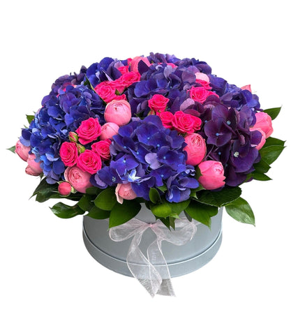 Pink Spray Roses and Purple Hydrangea Box