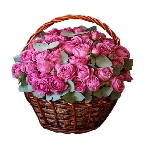 Pink Spray Roses with Eucalyptus in Basket - Flowers Box London