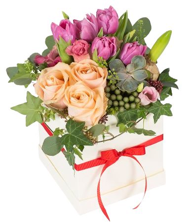 Pink Tulips with Peach Roses Signature Box