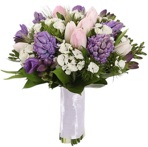 Pretty Bridal Bouquet of Tulips and Hyacinth with Freesias