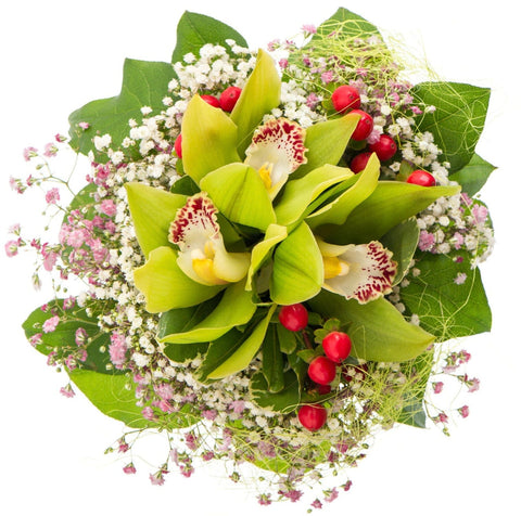 Pretty Cymbidium Orchids in Gypsophila Nest Bouquet