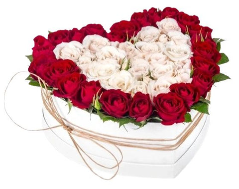 Pretty White and Red Spray Roses Heart Box