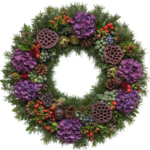 Purple Hydrangea and Berries Festive Door Wreath - Flowers Box London