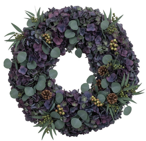 Purple Hydrangea Festive Wreath with Eucalyptus and Berries - Flowers Box London