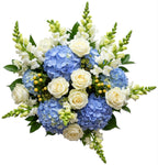 Rafined Bouquet of Blue Hydrangea with Roses and Snapdragons