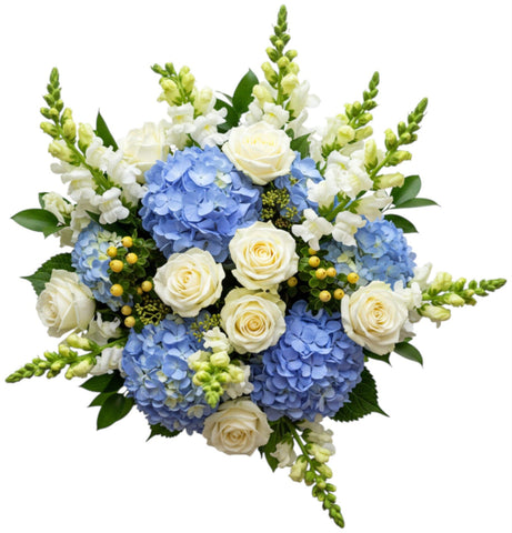 Rafined Bouquet of Blue Hydrangea with Roses and Snapdragons
