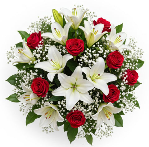 Rafined Bouquet of Red Roses and Lily with Gypsophila