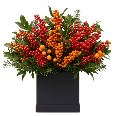 Red and Orange Ilex Berries with Fresh Fir Box - Flowers Box London