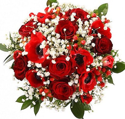 Red Anemone and Roses with Gypsophilia Bouquet