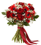 Red Anemone and Roses with Gypsophilia Bouquet - Flowers Box London