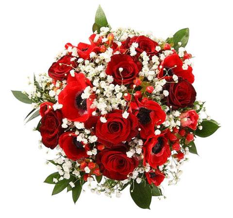 Red Anemone and Roses with Gypsophilia Bouquet - Flowers Box London