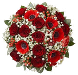 Red Anemone and Roses with Gypsophilia Bouquet - Flowers Box London