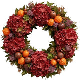 Red Hydrangea with Chinese Lantern Wreath - Flowers Box London