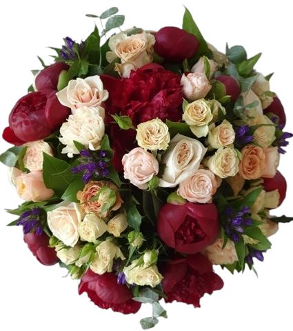 Red Peonies with Peach Spray Roses Bouquet