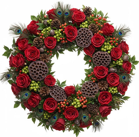 Red Roses and Pecock Charming Door Wreath - Flowers Box London