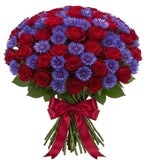 Romantic Bouquet of Red Roses with Blue Corflowers - Flowers Box London