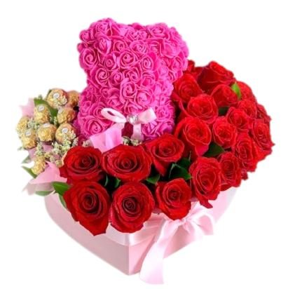 Romantic Box of Roses and Teddy - Flowers Box London
