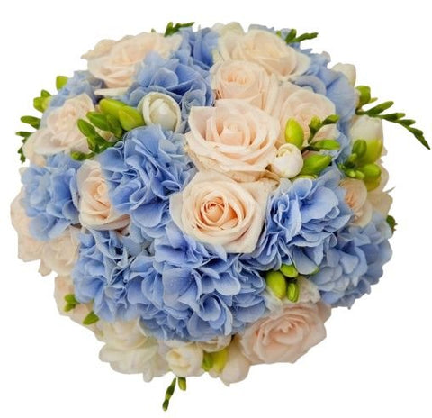 Roses and Blue Hydrangea Bouquet - Flowers Box London