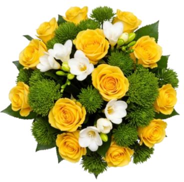 Roses with White Freesias and Green Santini Chrysanthemum Bouquet