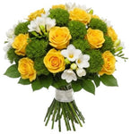 Roses with White Freesias and Green Santini Chrysanthemum Bouquet - Flowers Box London