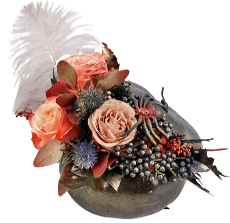 Rustic Black Pumpkin of Peach Roses and Feather - Flowers Box London