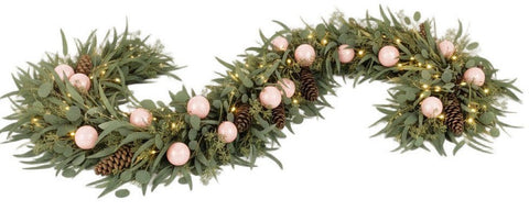 Rustic Eucalyptus Garland with Pink Baubles and Lights - Flowers Box London